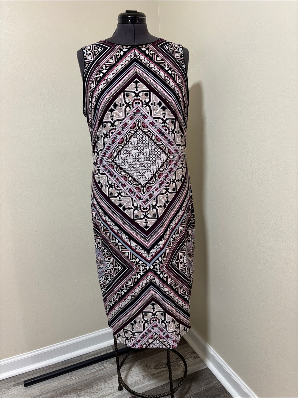 White House Black Market  Geometric Print with a all Black reversible side Dress